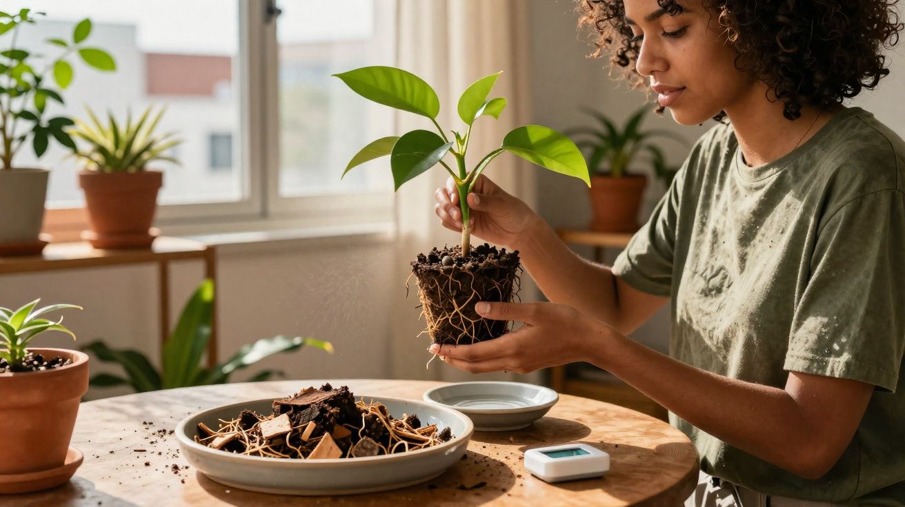 Mulher transplantando muda de planta em vaso dentro de casa, ambiente com luz natural e outras plantas.