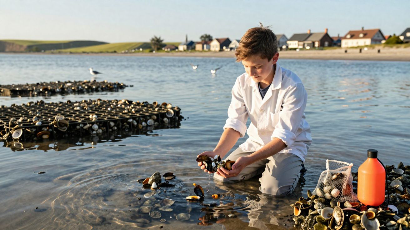 Menino agachado na beira de um lago recolhendo mexilhões com redes e recipiente ao redor.
