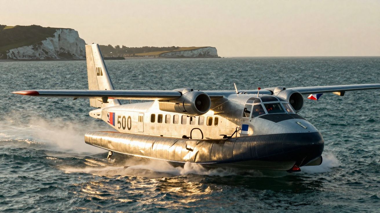 Aerodeslizador militar branco com número 500 navegando no mar ao pôr do sol perto de costa rochosa.