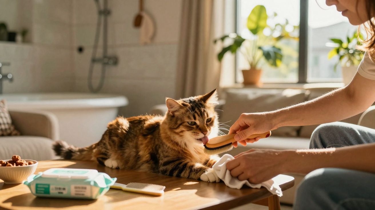 Pessoa escova o pelo de gato marrom em mesa de madeira clara dentro de casa iluminada pelo sol.