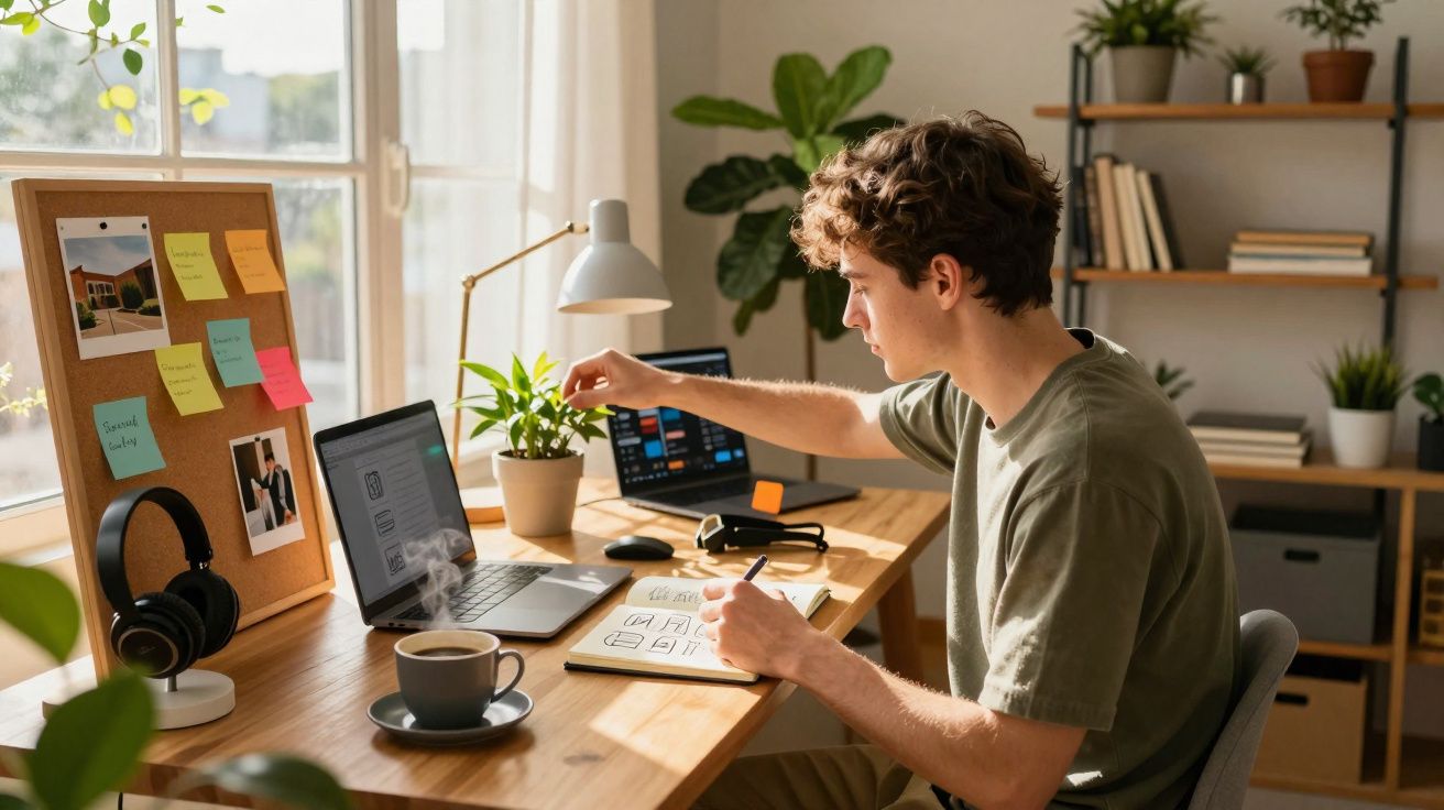 Jovem trabalhando em home office com laptop, caderno, plantas e café em mesa iluminada pela luz natural.