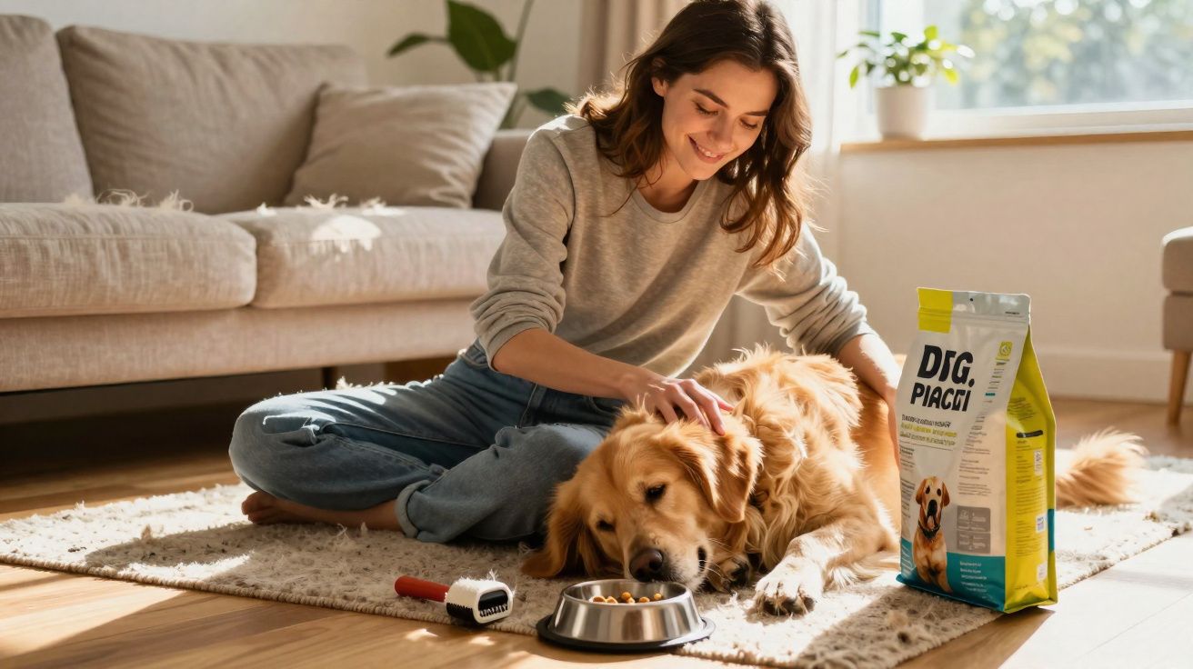 Mulher sorridente faz carinho em cachorro dourado deitado ao lado de comida e escova em sala iluminada.
