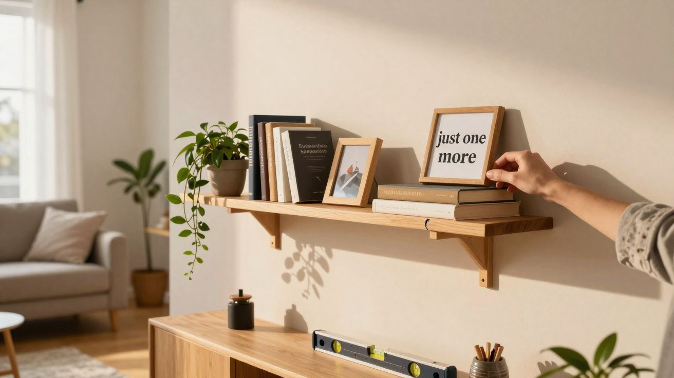 Mão ajustando quadro com a frase "just one more" em prateleira de madeira com livros e planta.