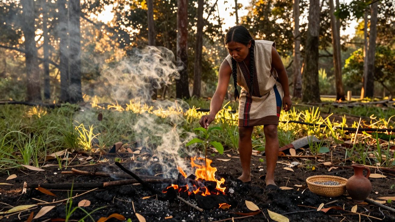 Mulher indígena cuidando do fogo em área de floresta ao amanhecer, com utensílios ao lado.