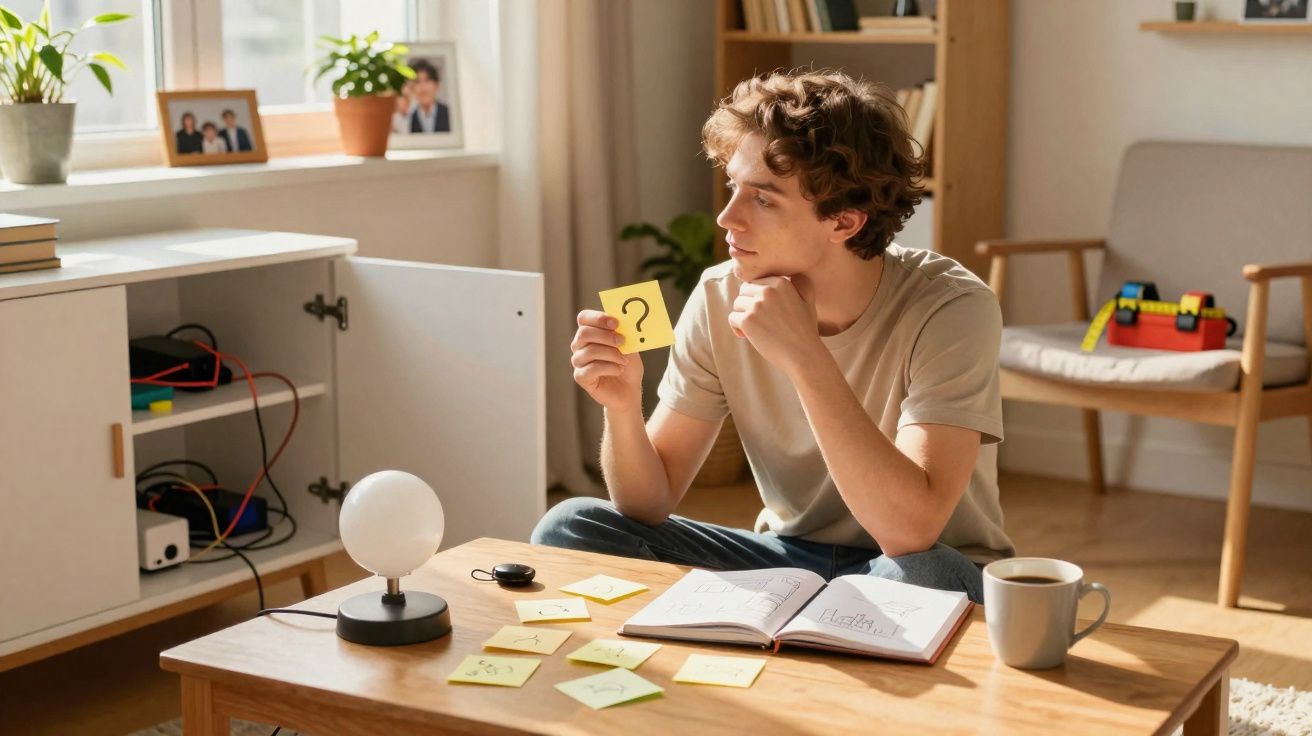Jovem sentado no chão pensativo, segurando post-it com ponto de interrogação em sala iluminada.