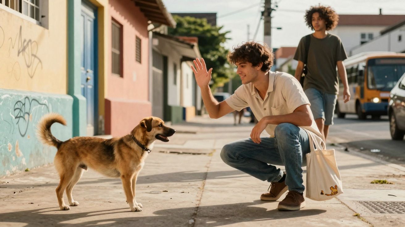 Jovem agachado acenando para cachorro na calçada de rua com outra pessoa ao fundo.