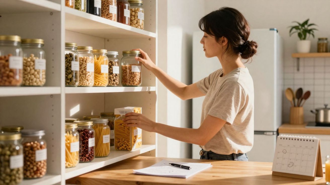 Mulher organizando potes de vidro com alimentos em prateleiras de despensa iluminada.