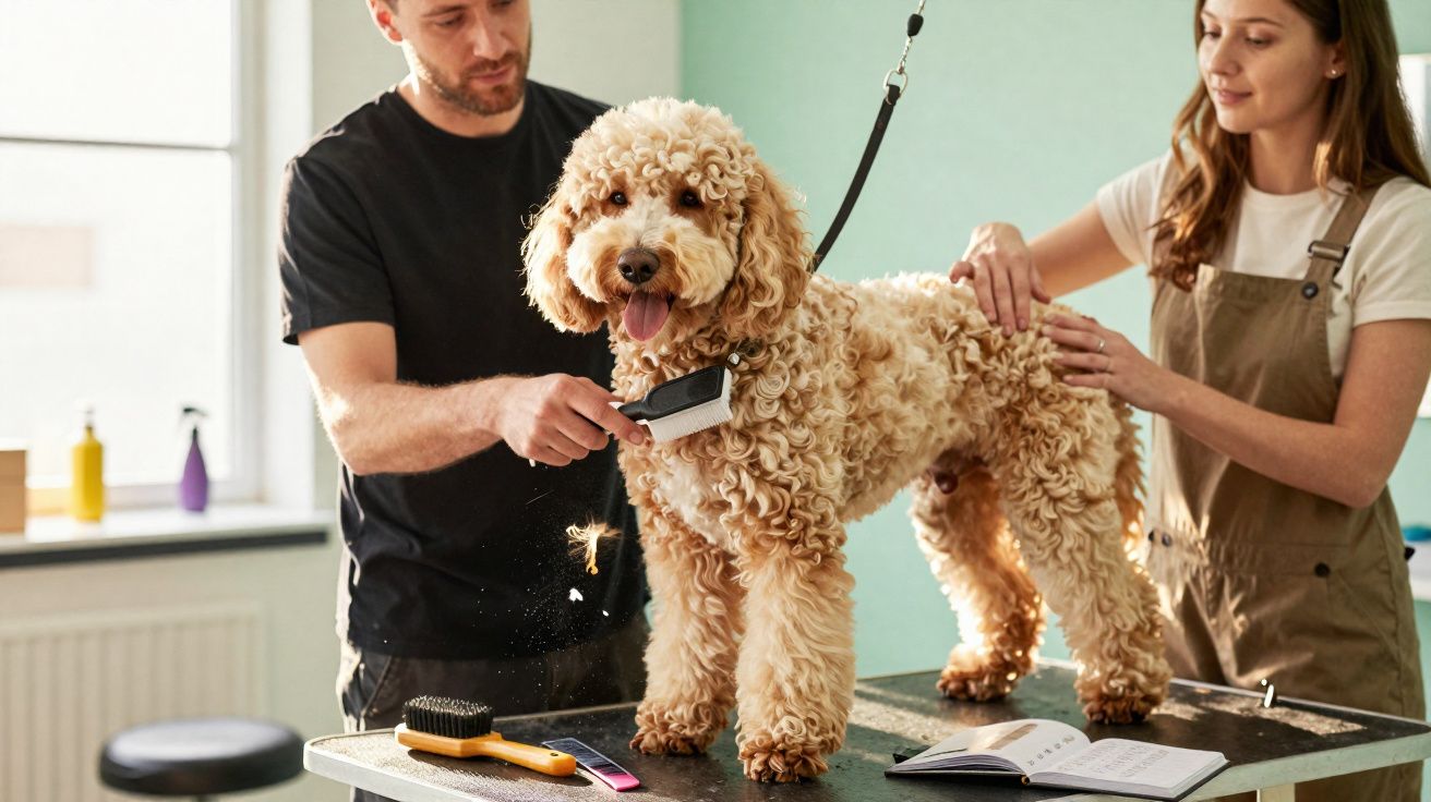 Cachorro encaracolado sendo escovado por dois profissionais em uma mesa de pet shop.