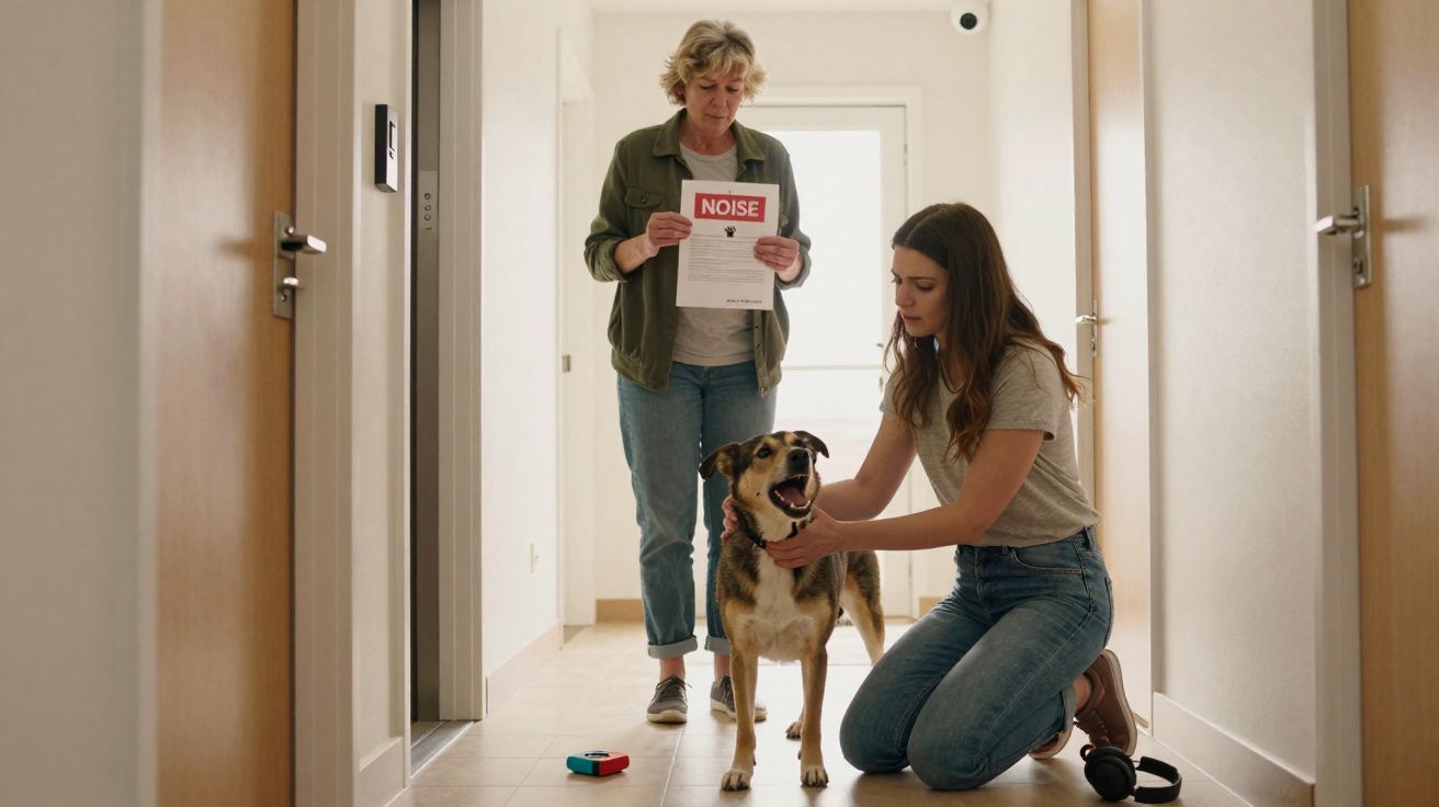 Duas mulheres e um cachorro no corredor de um apartamento, uma segura um aviso de barulho.