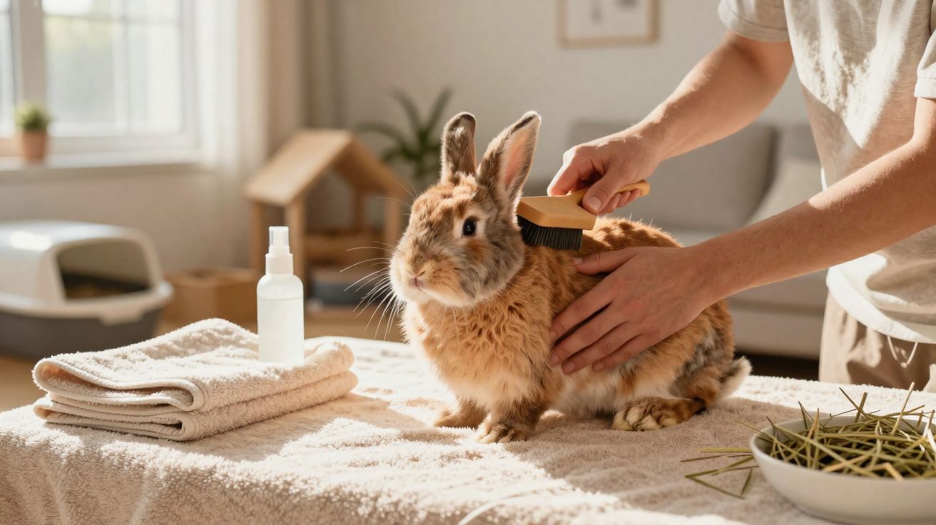 Coelho marrom sendo escovado por uma pessoa em uma mesa com toalhas e feno.