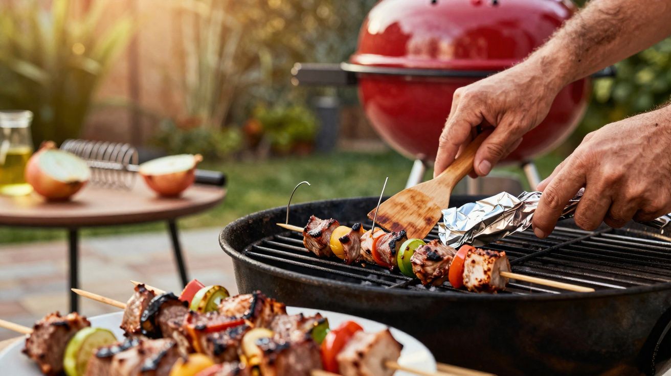 Pessoa preparando espetinhos de carne e legumes em churrasqueira redonda preta no jardim.