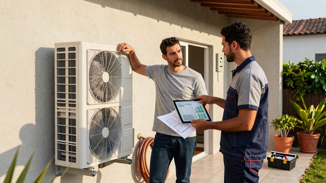 Homem conversa com técnico ao lado de unidade externa de ar-condicionado instalada na parede da casa.