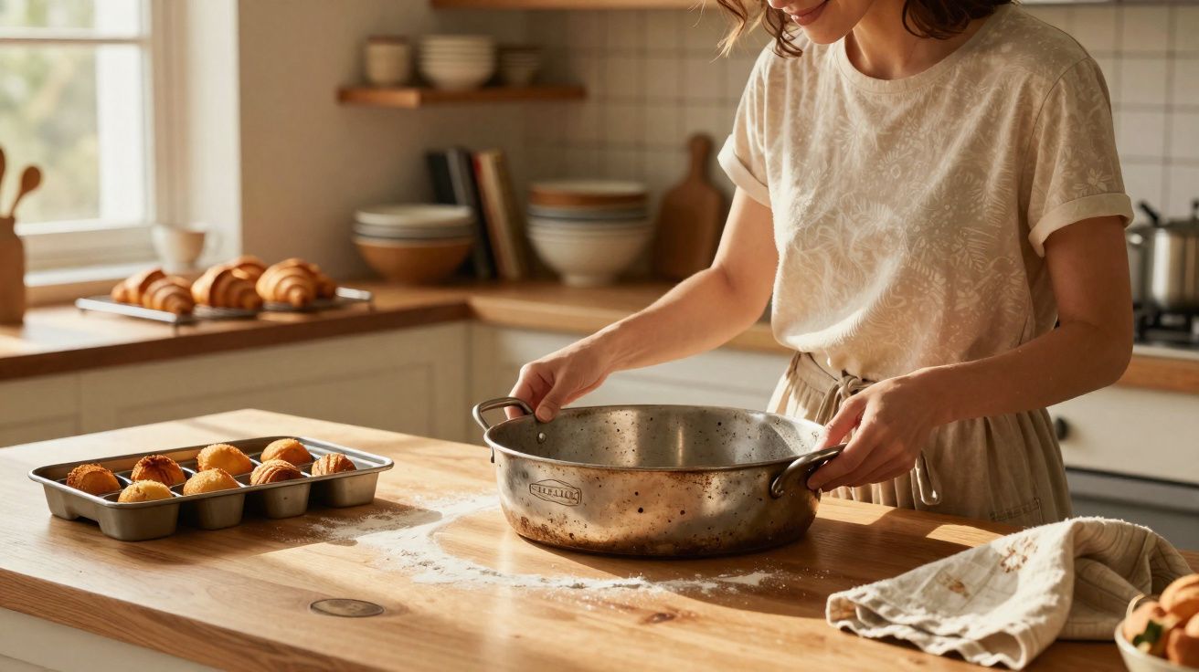 Mulher preparando massa em uma cozinha iluminada, com pães e croissants ao fundo sobre a bancada de madeira.