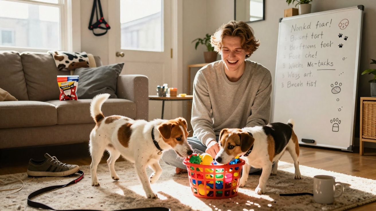 Jovem sentado no chão brincando com dois cães pequenos ao redor de uma cesta de brinquedos coloridos.