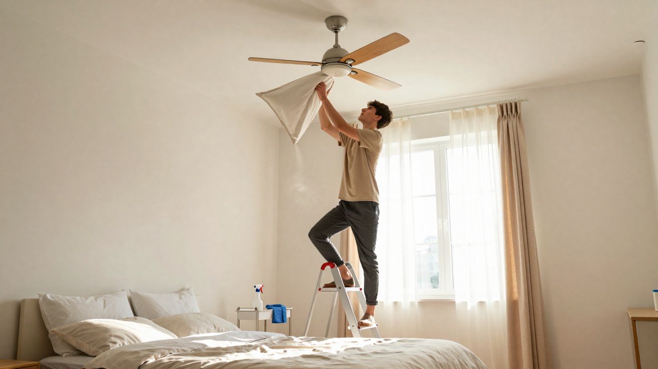 Homem em escada limpando ventilador de teto em quarto com cama e janela iluminada.