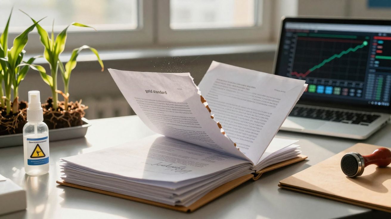 Mesa com documento rasgado, laptop com gráficos financeiros, plantas em vasos e spray higienizador.