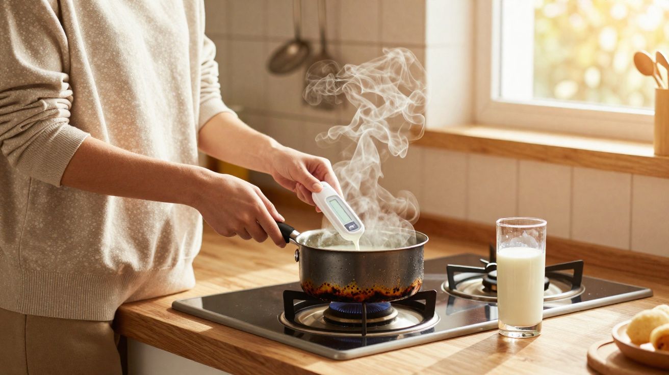 Pessoa mexendo com termômetro em panela com vapor no fogão a gás em cozinha iluminada.