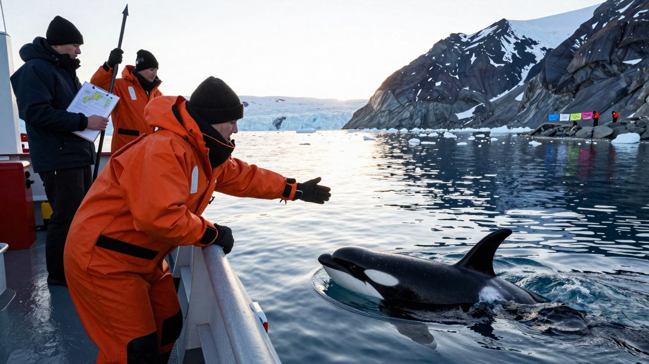 Pessoas em roupas de frio interagem com orca próxima a barco em águas geladas com montanhas e geleira ao fundo.