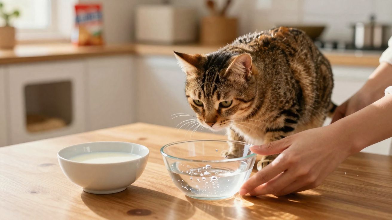 Gato rajado bebendo água de uma tigela de vidro em uma mesa de madeira na cozinha.