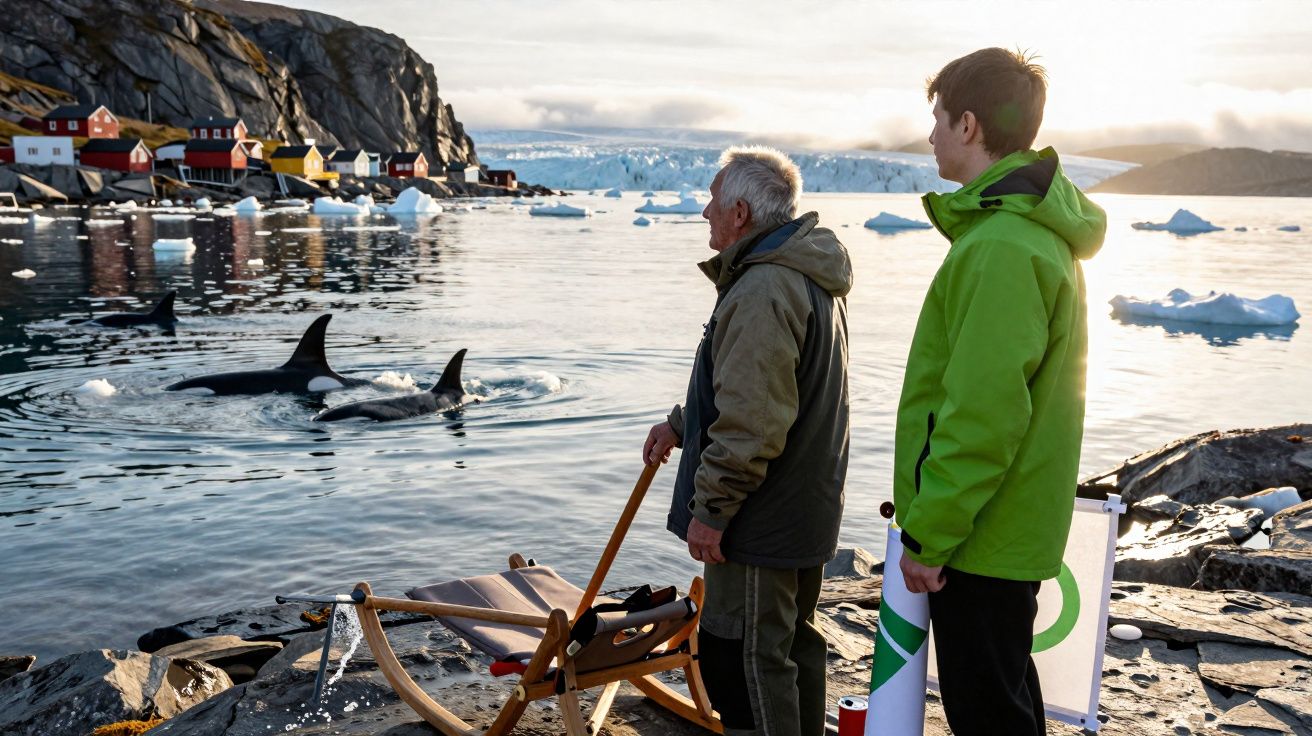 Duas pessoas observam orcas nadando próximas a pequenas casas coloridas em uma costa gelada com icebergues.