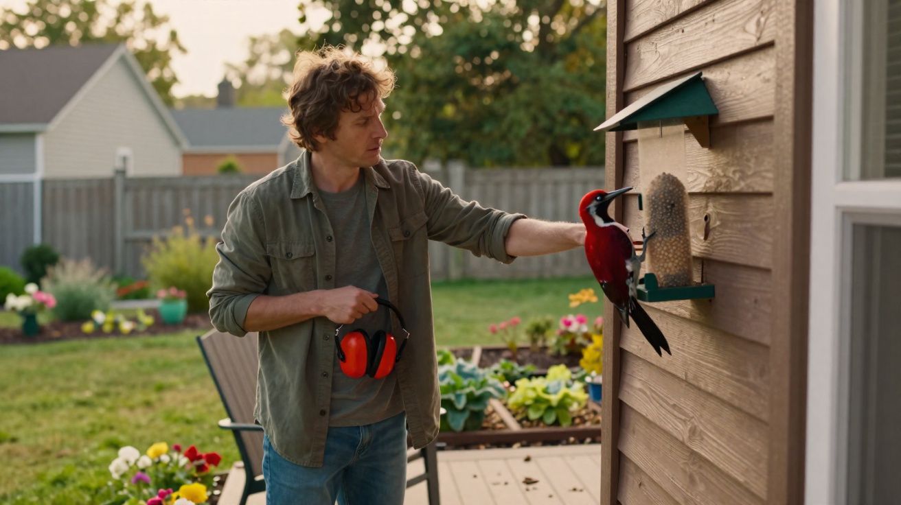 Homem alimenta pica-pau vermelho em alimentador preso na parede de madeira no jardim.