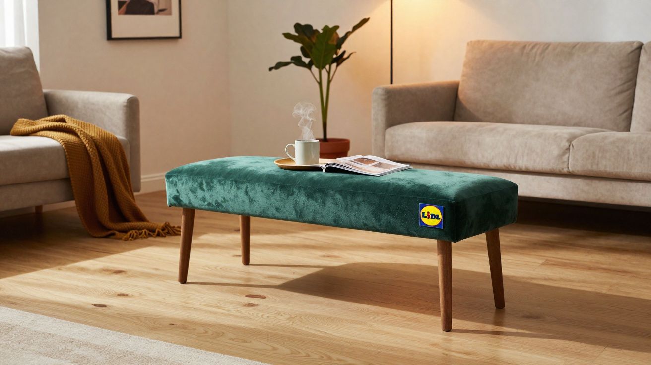 Banco verde em sala com sofá bege, manta marrom e luminária, com xícara e revista em cima.