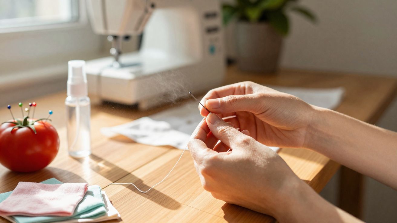 Mãos femininas enfiando linha em agulha em uma mesa com máquina de costura e tomate com alfinetes.
