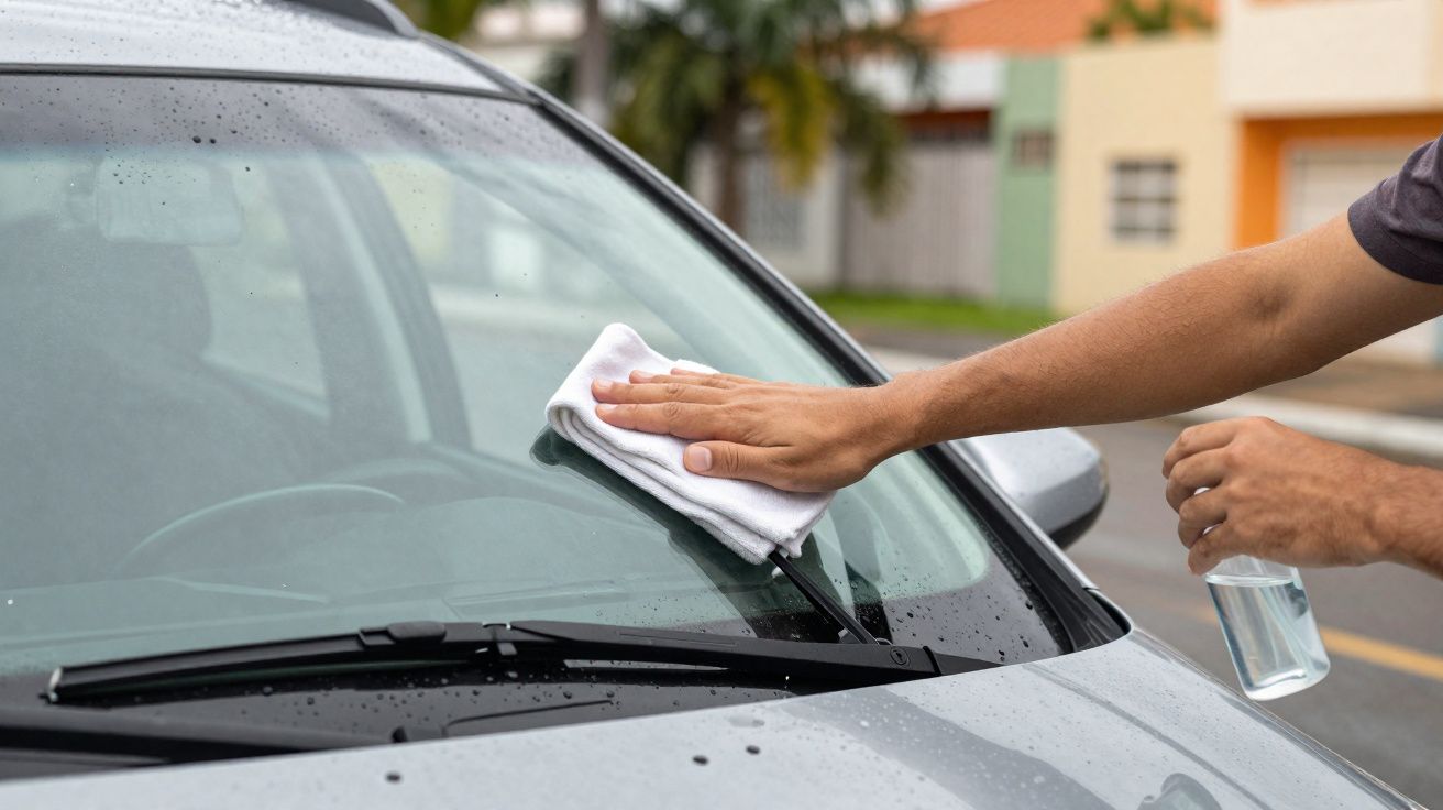 Pessoa limpando o para-brisa de um carro cinza com pano branco e borrifador na rua.