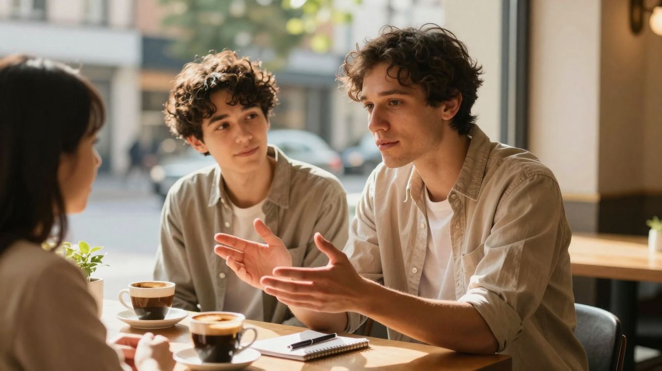 Três jovens conversando em café, com duas xícaras de café e um caderno sobre a mesa.