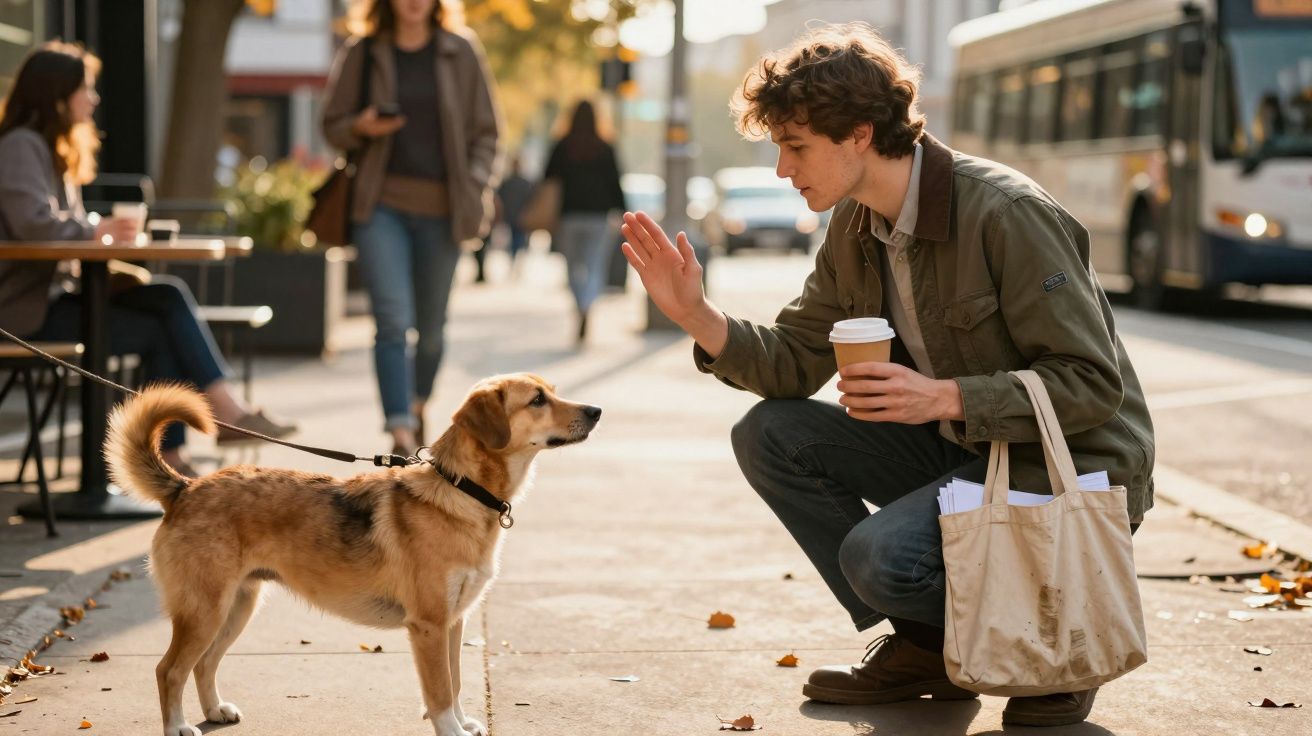Homem agachado com café na mão treinando cão na calçada de rua movimentada durante o dia.
