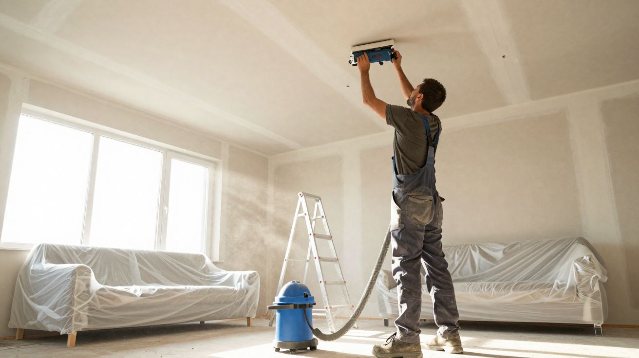 Homem em macacão lixa teto em sala com sofás cobertos e aspirador conectado à lixadeira.