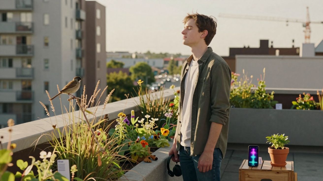 Jovem de olhos fechados aproveita o sol em uma varanda com plantas e um pássaro próximo.