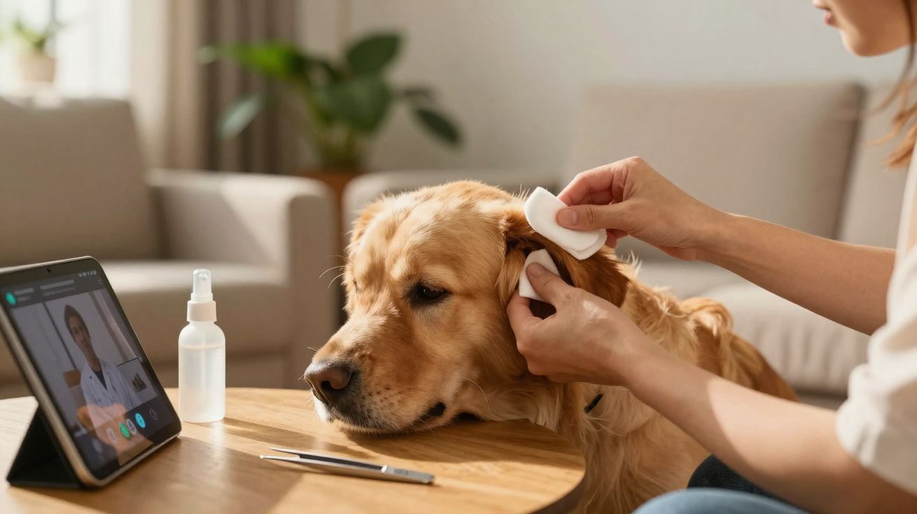 Pessoa limpando a orelha de um cachorro enquanto participa de uma consulta veterinária online pelo tablet.