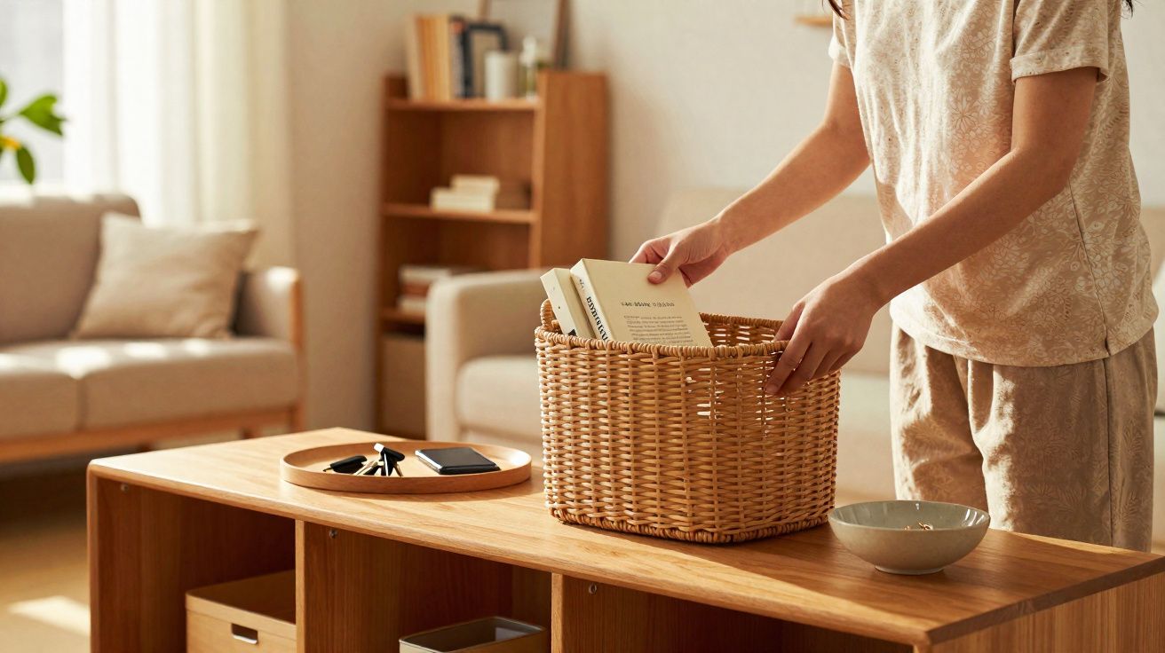 Pessoa organizando livros em cesta de vime sobre mesa de madeira em sala de estar clara e aconchegante.