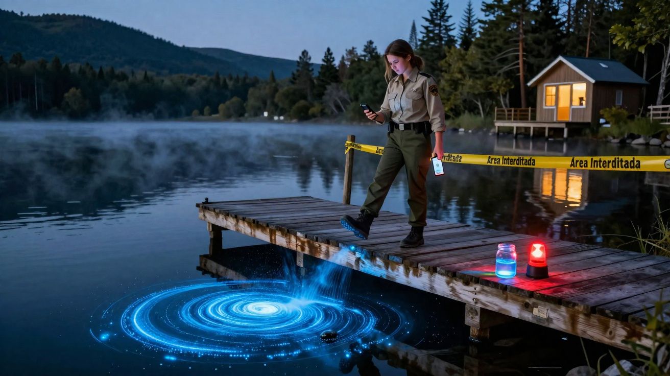 Mulher em uniforme caminhando em pier próximo a lago com projeção holográfica azul de um redemoinho na água.