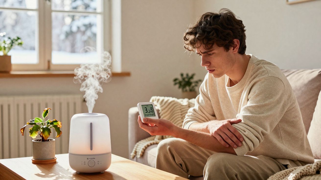 Homem sentado no sofá segurando higrômetro próximo a um umidificador de ar ligado em uma sala iluminada.