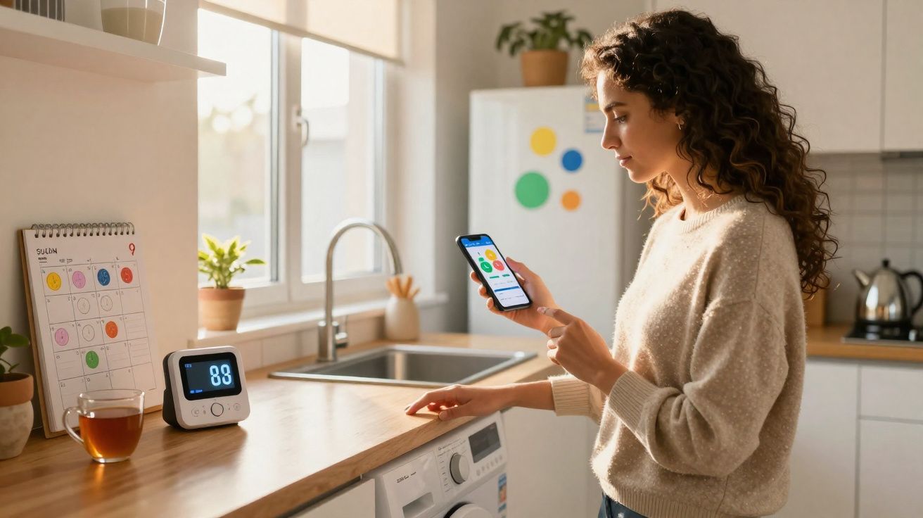 Mulher usando aplicativo de saúde em smartphone ao lado de monitor de oxigênio em cozinha iluminada.