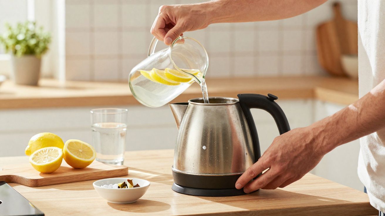 Pessoa despejando água com fatias de limão em chaleira elétrica na cozinha moderna.