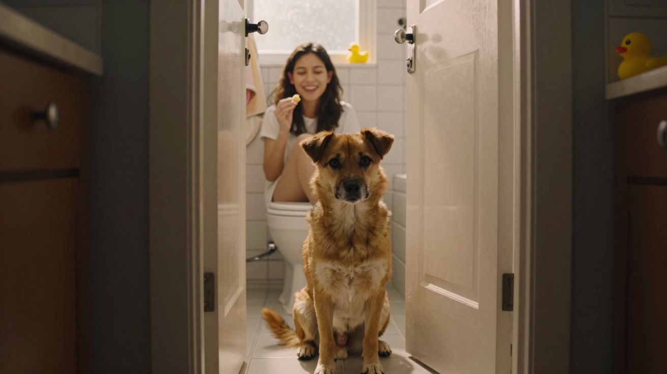 Cachorro sentado no corredor de banheiro com mulher sorrindo ao fundo sentada no vaso sanitário.