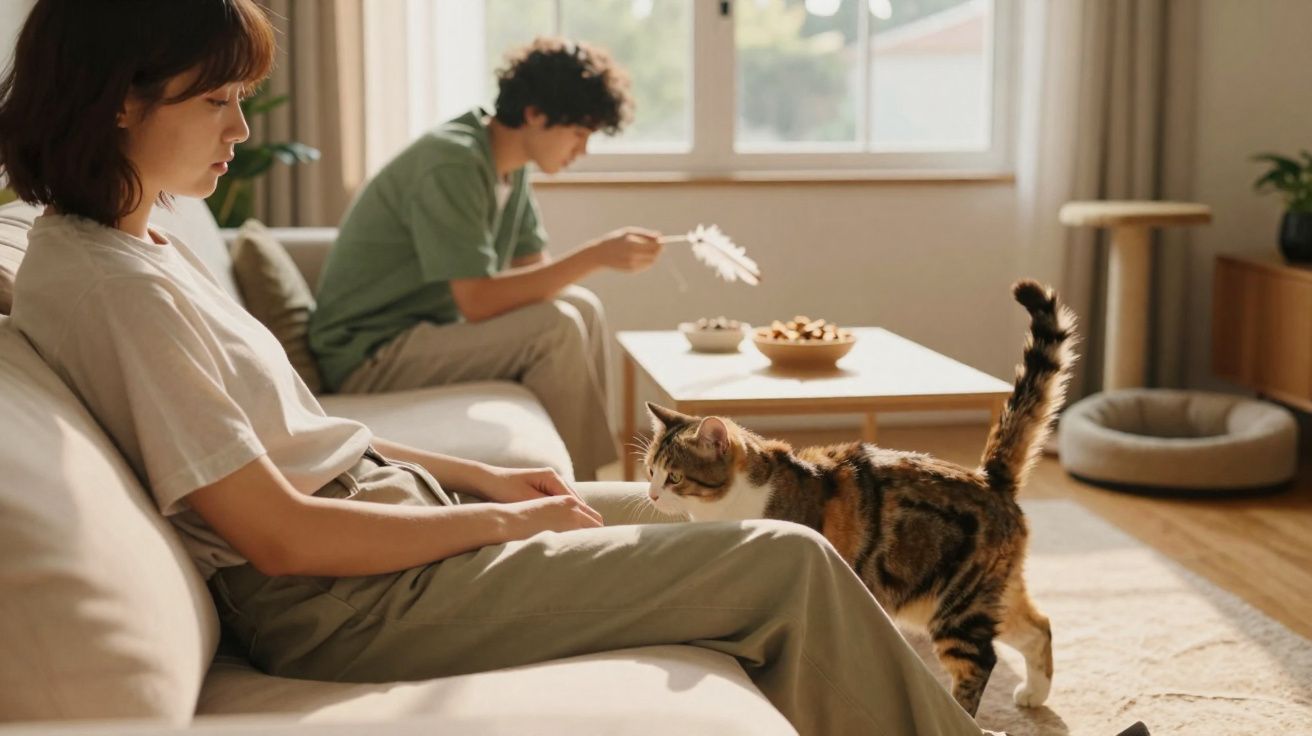 Mulher sentada em sofá, homem ao fundo brinca com gato usando brinquedo de pena em sala iluminada.