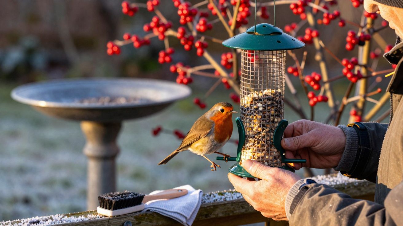 Pássaro pousado em comedouro de sementes segurado por pessoa com arbusto de bagas vermelhas ao fundo.