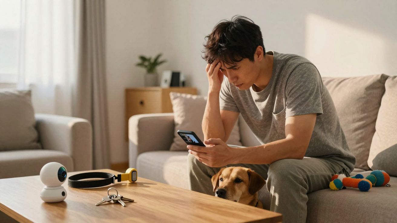 Homem sentado no sofá com expressão preocupada segurando celular e cachorro ao lado na sala.