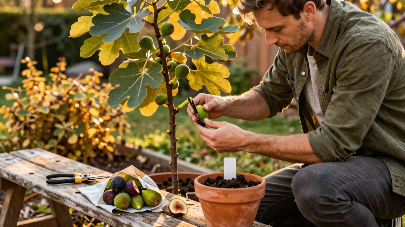 Homem examinando figo colhido de uma árvore em vaso, sentado em banco de madeira ao ar livre.