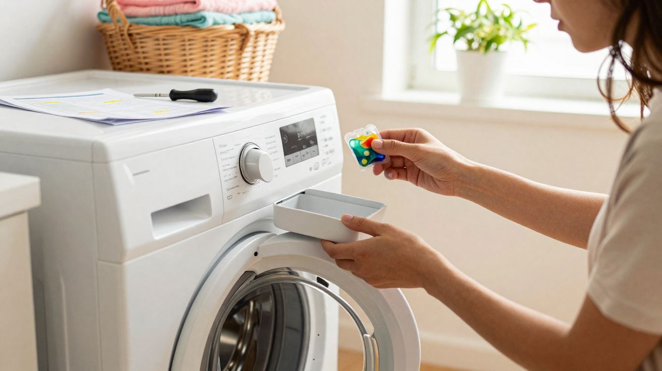 Pessoa colocando cápsula de sabão em máquina de lavar roupa branca em lavanderia iluminada