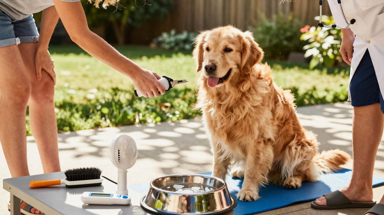 Cachorro Golden Retriever sentado em tapete azul durante exame veterinário ao ar livre.