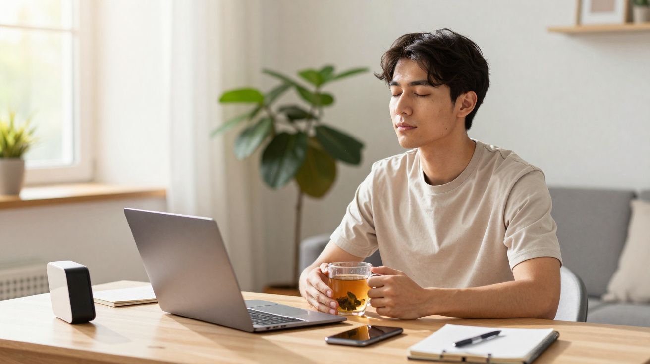 Homem sentado em mesa, com olhos fechados, segurando xícara de chá, laptop, celular e caderno à sua frente.