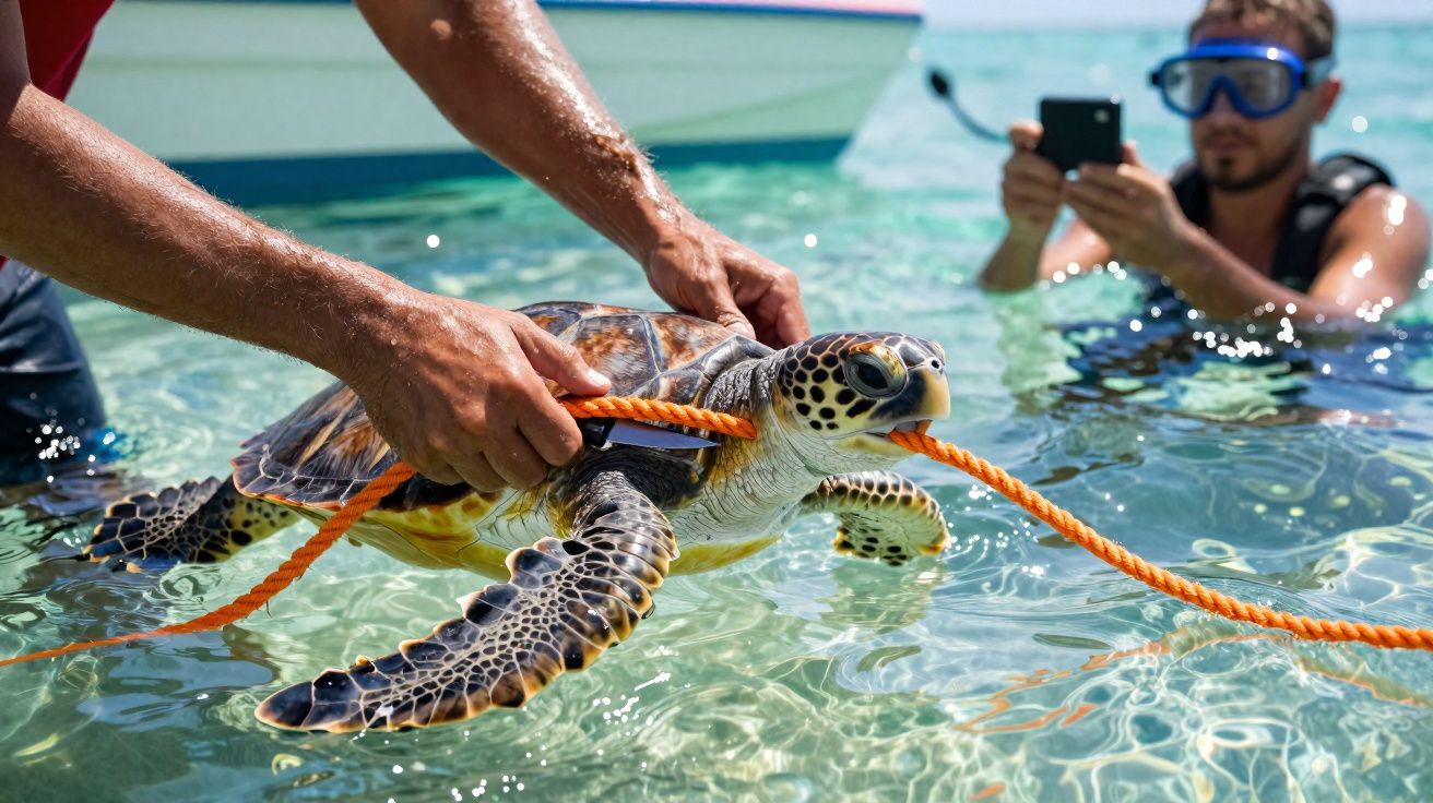 Pessoa segurando tartaruga marinha presa em corda laranja na água com homem de máscara de mergulho ao fundo.