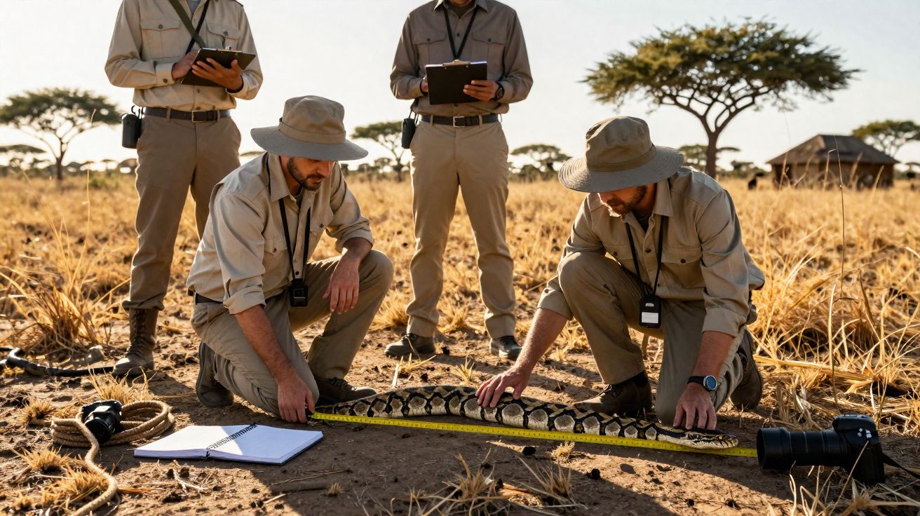 Quatro pesquisadores medem uma píton no solo seco de uma savana com árvores ao fundo.