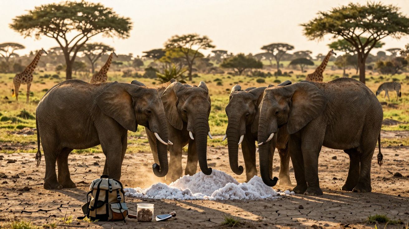 Quatro elefantes reunidos ao redor de um monte de sal na savana africana ao entardecer.