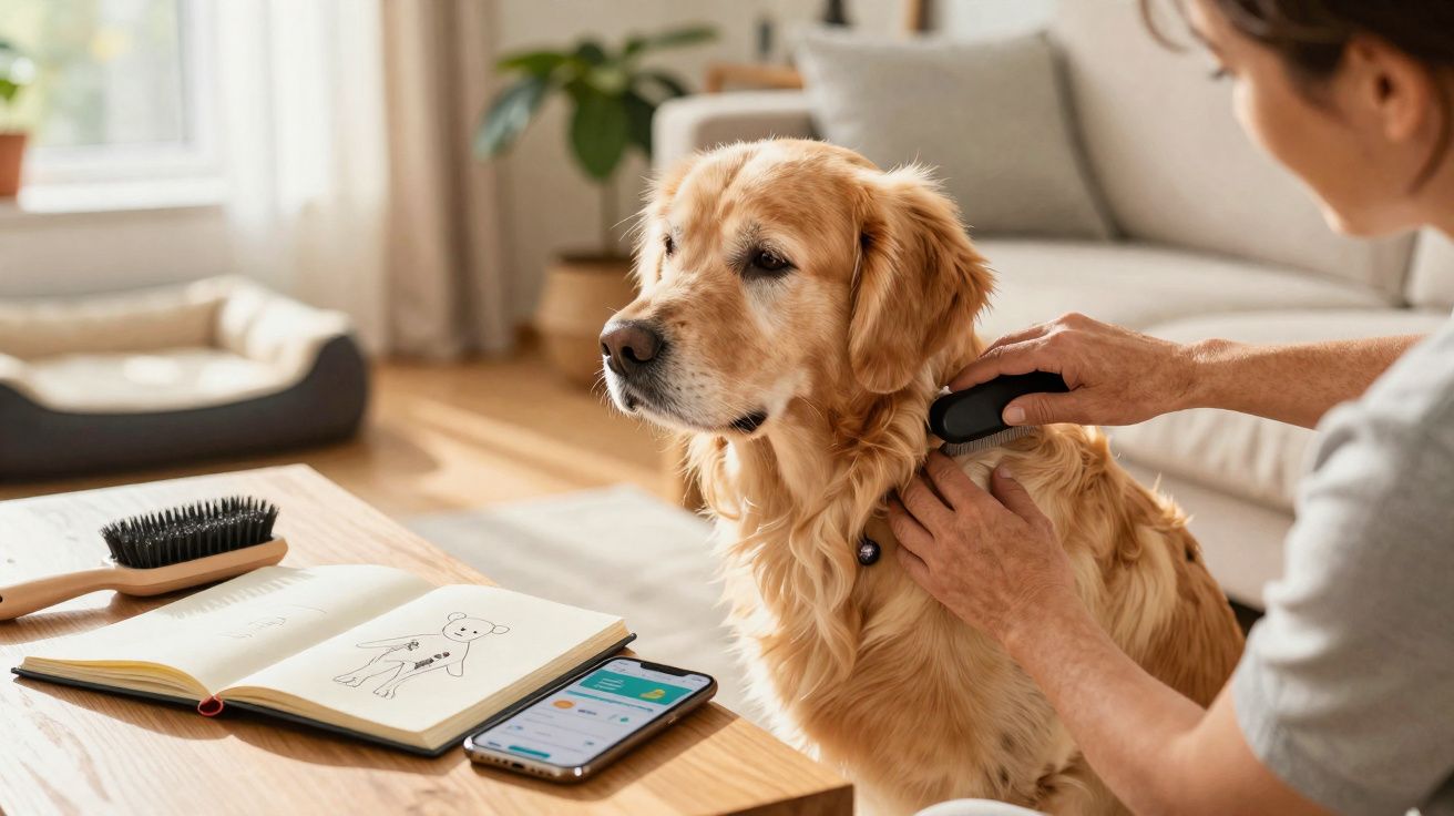 Pessoa escova o pelo de cachorro Golden Retriever em sala iluminada com mesa, caderno e celular.